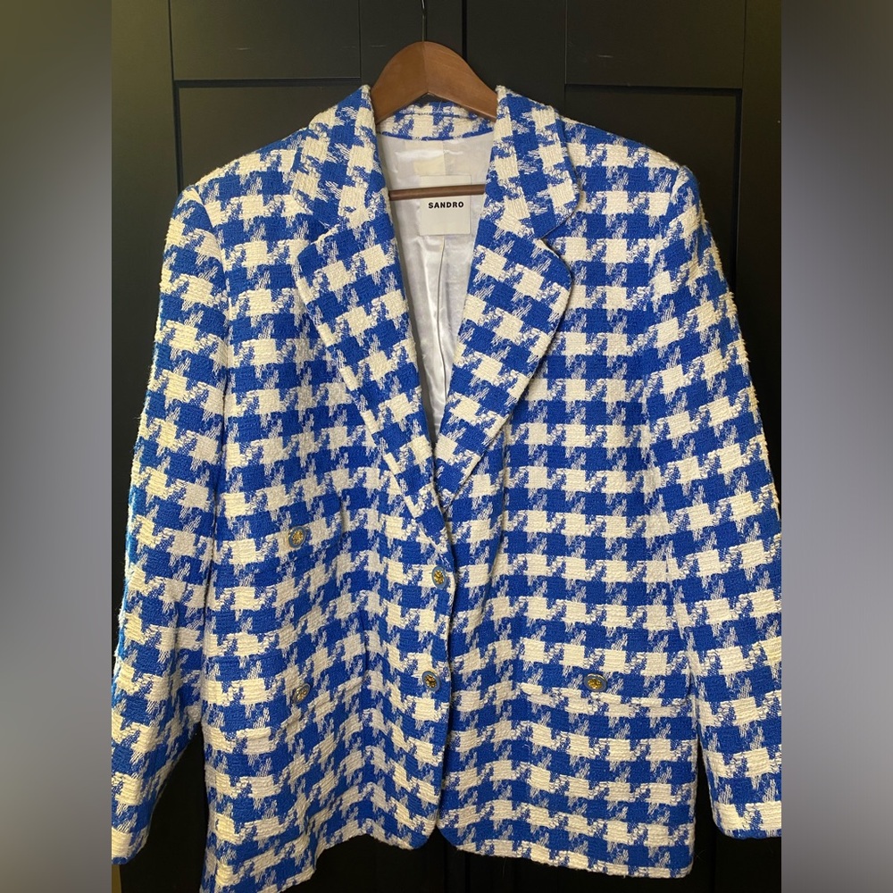 Sandro Blue and White Houndstooth Blazer